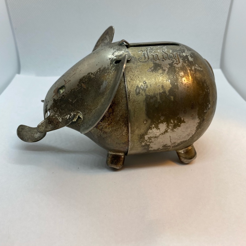 VINTAGE NAPIER COIN PIGGY BANK PATINA Elephant